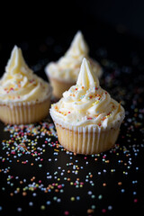 Lemon cupcakes close-up photo on a dark background
