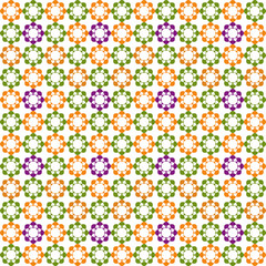 Seamless abstract geometric pattern. Purple, orange, white, green. Vector illustration. Polygons, circles, flowers. Digital design for textile fabrics, wrapping paper, background, wallpaper, cover.