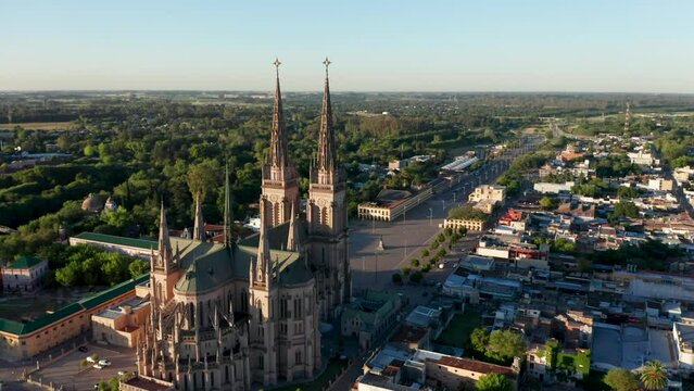Aerial View Around Neogothic Basilica Of Our Lady Of Lujan In Buenos Aires, Argentina. drone orbit