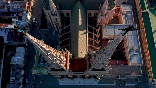 Spires Of Basilica of Our Lady of Lujan In Buenos Aires, Argentina. - aerial tilt-up