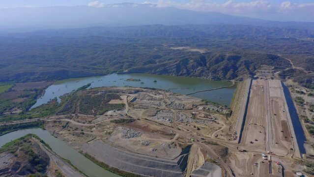 Wide Aerial View of Monte Grande Dam Infrastructure Construction Site Project, Barahona, Dominican Republic