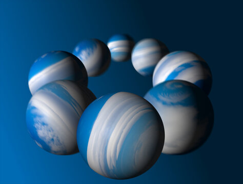 Esferas  azules de nubes emulando a planetas o mundos paralelos similares