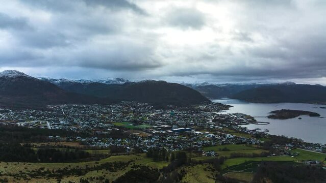Incredible aerial shot of Jorpeland city in Rogaland, Norway