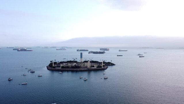 A beautiful aerial drone shot, drone flying over Thums Island in Long Beach, California.