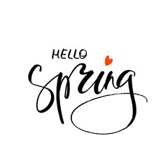 Hello spring postcard. Seasonal lettering. Ink illustration. Modern brush calligraphy.
