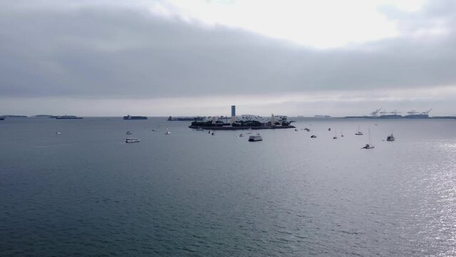 A beautiful aerial drone shot, drone flying towards Thums Island in Long Beach, California.