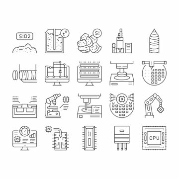 Semiconductor Manufacturing Plant Icons Set Vector .