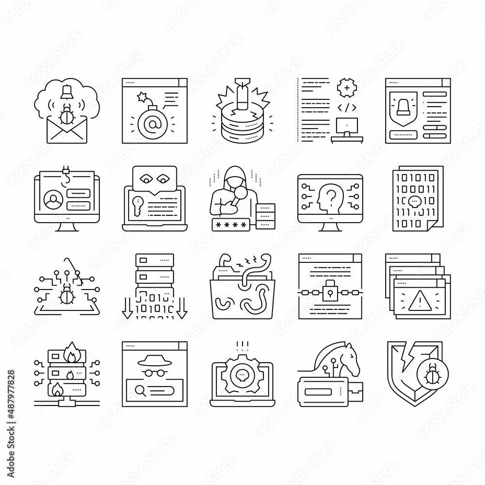 Aufkleber cyber security system technology icons set vector .