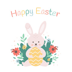 Happy Easter greeting card with Easter bunny, painted egg and flowers. Hand drawn vector illustration