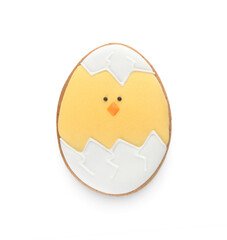 Delicious Easter cookie in shape of egg with chicken on white background