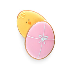 Different delicious Easter cookies in shape of eggs on white background