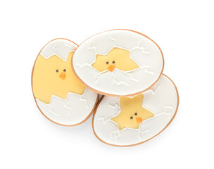 Delicious Easter cookies in shape of eggs on white background