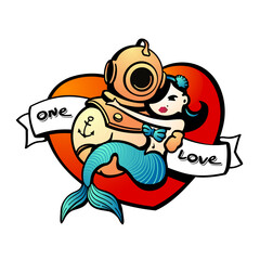 colored romantic love tattoo with diver and mermaid