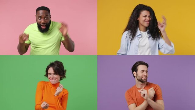 Set collage of four faces multiethnic diverse people man women group different ages wears casual clothes dance fool around have fun gesticulating with hands enjoy relax isolated on colorful background