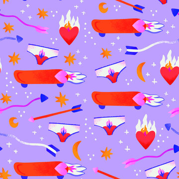 Feminist seamless pattern for Women's day with skateboards, moon and stars elements, arrows panties and flaming hearts, girly and cute vibes
