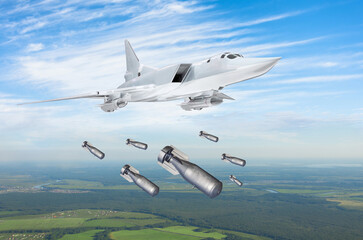 Combat supersonic heavy aircraft drops bombs from a height hitting enemy targets.