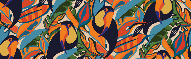 toucan, bird, exotic bird, bird of paradise, tropical animals, mexican, vector, seamless vector, seamless pattern, vector file, bright tropics, jungle, rainforest, monstera, banana, tropics, tropical 