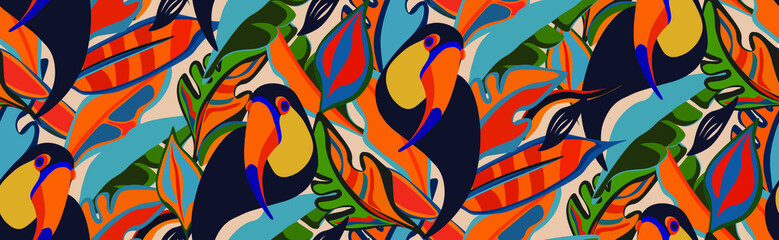 toucan, bird, exotic bird, bird of paradise, tropical animals, mexican, vector, seamless vector, seamless pattern, vector file, bright tropics, jungle, rainforest, monstera, banana, tropics, tropical 