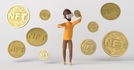 Man using a virtual reality headset handling non fungible tokens, NFT, in the metaverse. Copy space. 3D illustration. Cartoon.