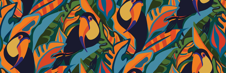 toucan, bird, exotic bird, bird of paradise, tropical animals, mexican, vector, seamless vector, seamless pattern, vector file, bright tropics, jungle, rainforest, monstera, banana, tropics, tropical 