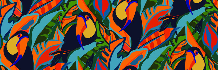 toucan, bird, exotic bird, bird of paradise, tropical animals, mexican, vector, seamless vector, seamless pattern, vector file, bright tropics, jungle, rainforest, monstera, banana, tropics, tropical 