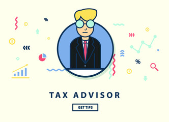 Concept of Advisor help saving tax with finance symbols elements. Design for website banner. Business, Financial and Investment concept. Vector illustration.