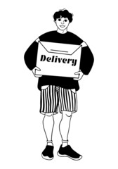 Courier delivery. A delivery man with a box. Black and white monochrome vector illustration. Online purchases of goods. Image for websites, businesses, applications. Isolated on a white background.