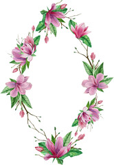 Frame rhombus of pink magnolia flowers. Spring flowers. The decoration of the invitations.
