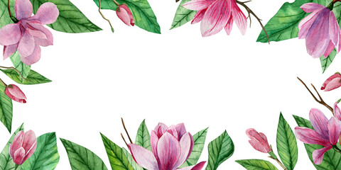 Rectangular frame with delicate pink magnolia flowers, on white background. Digital illustration. Invitations design.