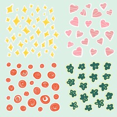 Simple vector elements. Decorative fillers, shine, hearts, spots, dots. Hand drawn. Funny color illustration.