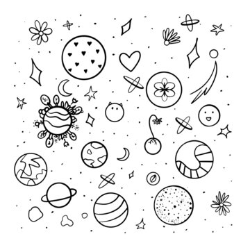 Space hand drawn doodles. Set of space elements. Stars, planets, flowers. Vector image isolated on white background.