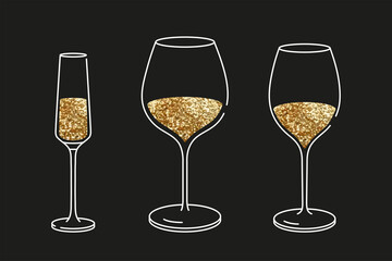 Set of glassware alcoholic drinks. Golden glitter illustration isolated. Flat design style cocktails with color fill