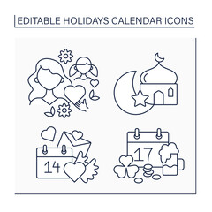 Holidays calendar line icons set. Mother day, Saint Patrick and Valentine days, Ramadan.Celebration concept. Isolated vector illustrations. Editable stroke
