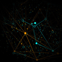 Abstract vector background. Orange and cyan dots connected by lines. Lines plexus in 3d. Vector illustration.