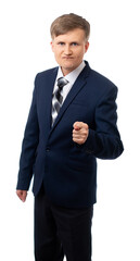 Portrait of a man in a blue business suit with a tie. businessman shows with a gesture: you will not get anything. isolated. White background.