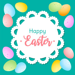 Fototapeta na wymiar Bright Easter background of eggs. Happy Easter card. Spring sale banner template. Circle frame of colorful chocolate eggs. Vector 10 EPS.