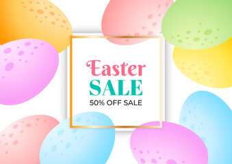 Bright Easter background of eggs. Spring sale banner template. Border of colorful chocolate eggs. Vector 10 EPS.