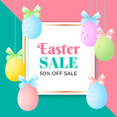 Bright Easter background of eggs. Spring sale banner template. Border of colorful chocolate eggs. Vector 10 EPS.