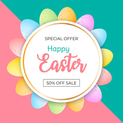 Bright Easter background of eggs. Happy Easter card. Spring sale banner template. Circle frame of colorful chocolate eggs. Vector 10 EPS.