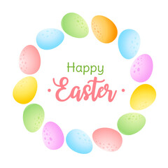 Bright Easter background of eggs. Happy Easter card. Spring sale banner template. Circle frame of colorful chocolate eggs. Vector 10 EPS.