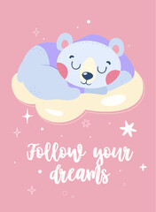 Cute teddy bear in pajamas sleeps on a cloud. Beautiful postcard with an inscription. Vector cartoon postcard on isolated white background.