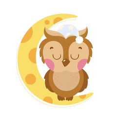 A cute owl sleeps on the moon in a pajama cap. Beautiful vector cartoon illustration isolated on white background.