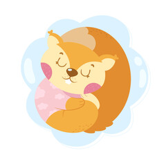 Little cute forest squirrel sleeps on a cloud in pajamas. Cartoon vector illustration isolated on white background.