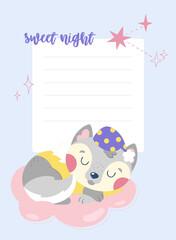 A cute gray wolf cub in pajamas and a cap sleeps on a cloud. Beautiful card. Vector cartoon postcard on isolated white background.