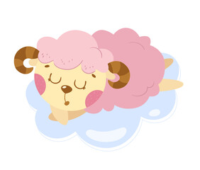 A cute pink lamb sleeps on a cloud. Vector cartoon illustration isolated on white background.