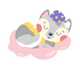 A cute gray wolf cub in pajamas and a cap sleeps on a cloud. Vector cartoon illustration isolated on white background.