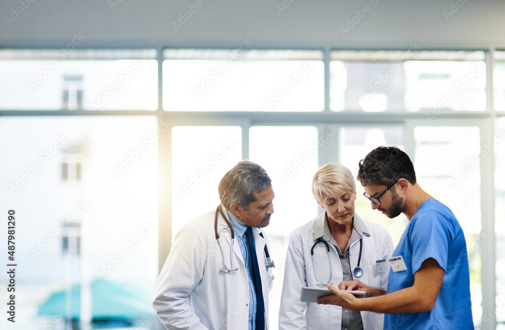 Leinwandbilder smart doctors use smart apps. shot of a team of doctors using a digital tablet together in a hospita