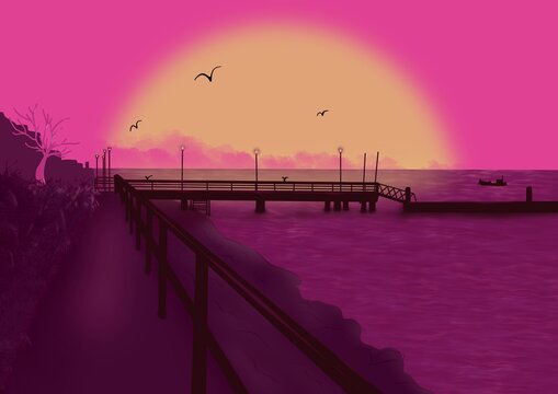 sunset at the pier with birds wallpaper