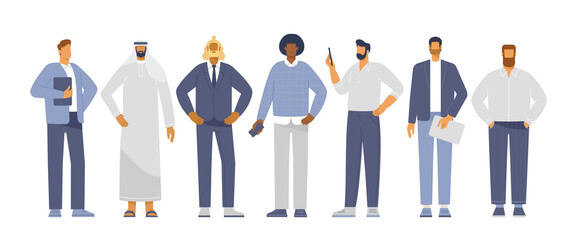 Vector collection of male characters in business style. Full length businessmen of different nationalities. Flat design illustration, isolated on white. 