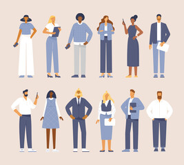 Vector collection of characters in business style. Full length men and women in business outfit. Flat design illustration, isolated. 